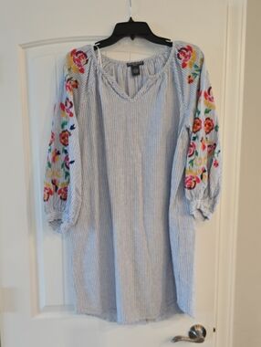 Blue and White Striped Tunic with Multicolor Floral Sleeves